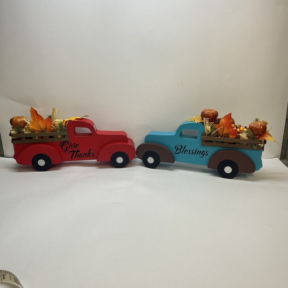 fall autumn vintage blue red trucks withe pumpkins blessings‎ give thanks as is